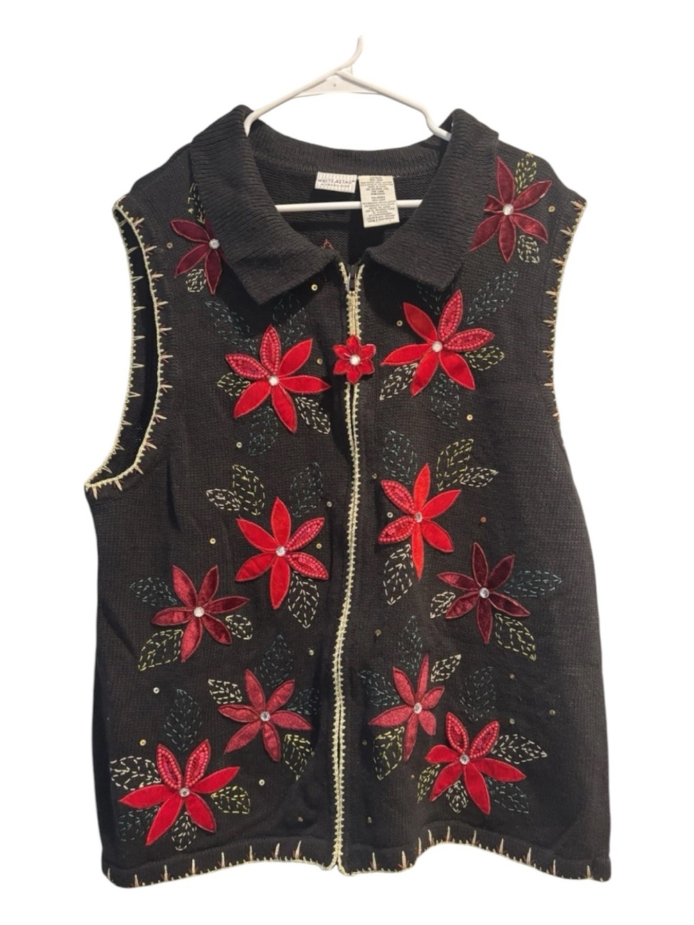 White Stag Black Zip Vest with Red Floral Appliqués